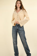 Load image into Gallery viewer, VERY J V-Neck Lace Detail Button Down Crop Ribbed Knit Top