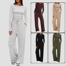 Load image into Gallery viewer, 2 pc Set - Women's Suit Autumn / Winter -Long Sleeve Top + High Waisted Wide Leg Pants - Solid Color Sportswear Casual Suit