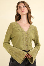Load image into Gallery viewer, VERY J V-Neck Lace Detail Button Down Crop Ribbed Knit Top