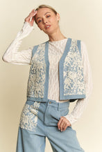 Load image into Gallery viewer, Davi & Dani Lace Patch Open Front Denim Vest