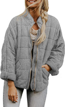 Load image into Gallery viewer, Womens Winter Zip-up Stand Collar Solid Color Plaid Long Sleeved Jacket with Pockets