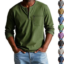 Load image into Gallery viewer, Mens V-neck Long-sleeved With Button Casual Solid Color Pullover Top