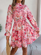 Load image into Gallery viewer, Womens Standing Collar Floral Print Waist-controlled Long Sleeves Ruffled A-line Spring Autumn Ruffle Edge Long Dress