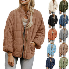 Load image into Gallery viewer, Womens Winter Zip-up Stand Collar Solid Color Plaid Long Sleeved Jacket with Pockets