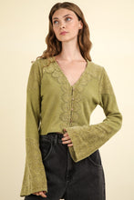 Load image into Gallery viewer, VERY J V-Neck Lace Detail Button Down Crop Ribbed Knit Top