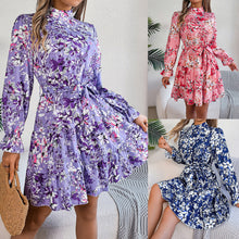 Load image into Gallery viewer, Womens Standing Collar Floral Print Waist-controlled Long Sleeves Ruffled A-line Spring Autumn Ruffle Edge Long Dress