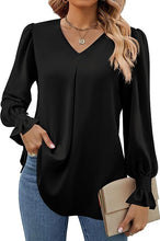 Load image into Gallery viewer, Women Clothing Autumn Winter Solid Color Chiffon Shirt V Neck Pullover Horn Long Sleeve Top Shirt