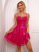 Load image into Gallery viewer, Draped Collar Lace up Backless Sequined Camouflage Dress