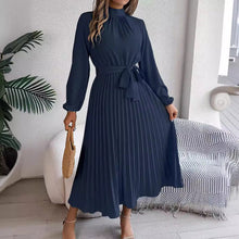 Load image into Gallery viewer, Womens Autumn Winter Elegant Stand Collar Long Sleeve Cinched Pleated Maxi Dress Small Dress