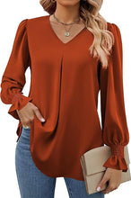 Load image into Gallery viewer, Women Clothing Autumn Winter Solid Color Chiffon Shirt V Neck Pullover Horn Long Sleeve Top Shirt