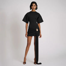 Load image into Gallery viewer, Solid Color Round Neck Sexy Waist Trimming Half Sleeve Ribbon Pleated Dress