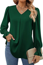 Load image into Gallery viewer, Women Clothing Autumn Winter Solid Color Chiffon Shirt V Neck Pullover Horn Long Sleeve Top Shirt