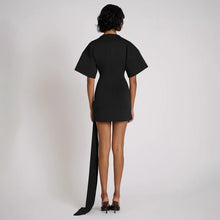 Load image into Gallery viewer, Solid Color Round Neck Sexy Waist Trimming Half Sleeve Ribbon Pleated Dress