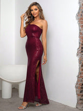 Load image into Gallery viewer, Solid Color Sexy Evening Dress off Shoulder Slit Thigh Sequin Dress