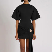 Load image into Gallery viewer, Solid Color Round Neck Sexy Waist Trimming Half Sleeve Ribbon Pleated Dress