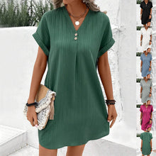Load image into Gallery viewer, Womens Fashion V-neck Short-sleeved Casual Solid Strip Button Mini Dress