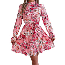 Load image into Gallery viewer, Womens Standing Collar Floral Print Waist-controlled Long Sleeves Ruffled A-line Spring Autumn Ruffle Edge Long Dress