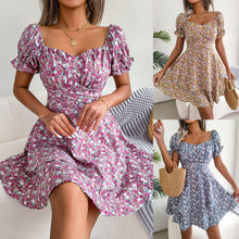 Load image into Gallery viewer, Women Big Swing Loose Hem Floral Shirring Short Sleeves High Waist Mini Dress