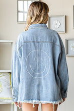Load image into Gallery viewer, First Love Smile Face Button Down Raw Hem Denim Jacket
