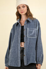 Load image into Gallery viewer, VERY J Mixed Media Button Down Raw Hem Shacket