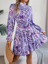 Load image into Gallery viewer, Womens Standing Collar Floral Print Waist-controlled Long Sleeves Ruffled A-line Spring Autumn Ruffle Edge Long Dress
