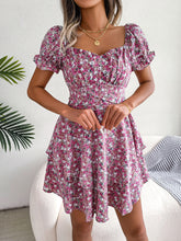 Load image into Gallery viewer, Women Big Swing Loose Hem Floral Shirring Short Sleeves High Waist Mini Dress