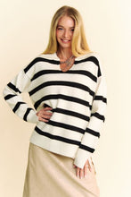 Load image into Gallery viewer, Davi & Dani High-Low Side Slit Striped Johnny Collar Sweater