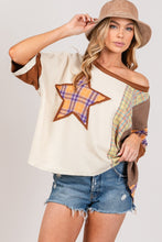 Load image into Gallery viewer, SAGE + FIG Round Neck Plaid Star Patch T-Shirt
