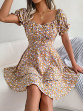 Load image into Gallery viewer, Women Big Swing Loose Hem Floral Shirring Short Sleeves High Waist Mini Dress