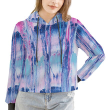 Load image into Gallery viewer, Ti Amo I love you  - Exclusive Brand - Mulberry & Kashmir Blue Floating Paint Pattern- Women's Cropped Hoodie