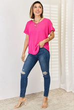 Load image into Gallery viewer, Zenana Hot Pink V-Neck Rolled Short Sleeve T-Shirt