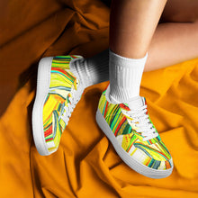 Load image into Gallery viewer, Ti Amo I love you- Exclusive Brand  - Scarlet, Paris Daisy, Malachite & Blaze Orange Leaf Pattern - Low Top Unisex Sneakers