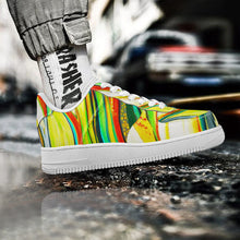 Load image into Gallery viewer, Ti Amo I love you- Exclusive Brand  - Scarlet, Paris Daisy, Malachite & Blaze Orange Leaf Pattern - Low Top Unisex Sneakers