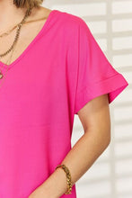 Load image into Gallery viewer, Zenana Hot Pink V-Neck Rolled Short Sleeve T-Shirt