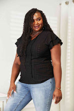 Load image into Gallery viewer, Double Take Eyelet Tie-Neck Flutter Sleeve Blouse