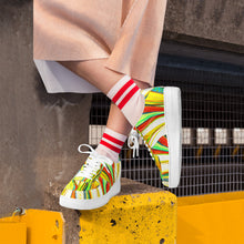 Load image into Gallery viewer, Ti Amo I love you- Exclusive Brand  - Scarlet, Paris Daisy, Malachite & Blaze Orange Leaf Pattern - Low Top Unisex Sneakers