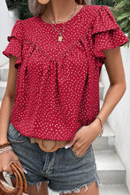 Load image into Gallery viewer, Fiery Red Dotted Ruffle Sleeve Crew Neck Ruched Blouse
