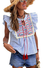 Load image into Gallery viewer, Sky Blue Stripe Geo Pattern Embroidered Tassel Flutter Blouse
