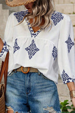 Load image into Gallery viewer, White Boho Geometric Print Bracelet Sleeve V Neck Blouse
