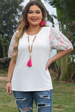 Load image into Gallery viewer, White Contrast Floral Puff Sleeve Ribbed Knit Plus Size Blouse
