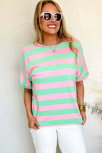 Load image into Gallery viewer, Pink Stripe Colorblock Cuffed Sleeve Loose Tee
