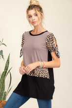 Load image into Gallery viewer, Celeste Full Size Open Tie Sleeve Leopard Color Blocked Top
