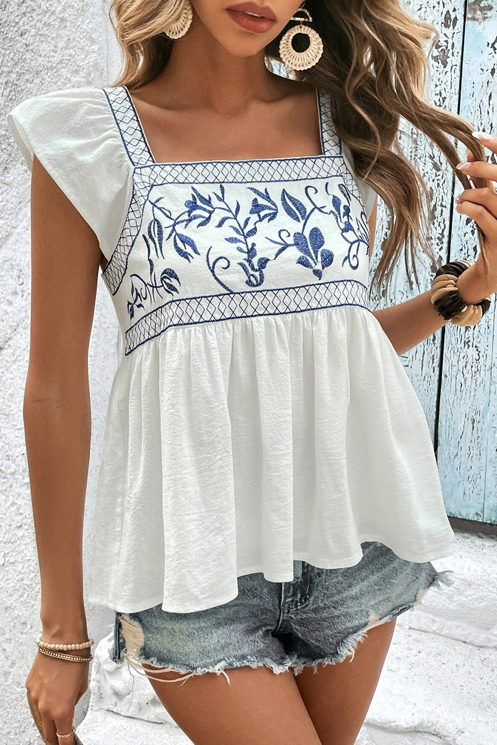 White Embroidered Bust Square Neck Peplum Blouse