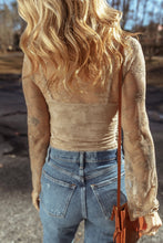 Load image into Gallery viewer, Apricot Lace Mesh Crochet Splicing Slim Fit Long Sleeve Blouse
