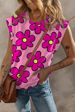 Load image into Gallery viewer, Pink Flower Print Round Neck Cap Sleeve T Shirt
