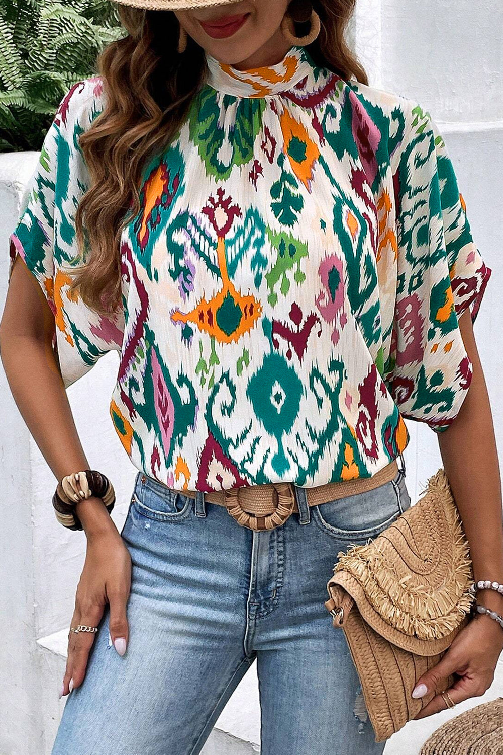 Multicolor Western Print High Neck Bat Sleeve Blouse