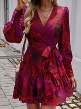 Load image into Gallery viewer, Devine Ruffled Printed Surplice Long Sleeve Mini Dress
