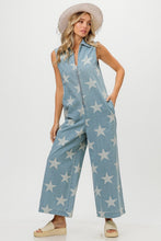 Load image into Gallery viewer, BiBi Star Print Half Zip Sleeveless Denim Jumpsuit
