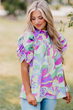 Load image into Gallery viewer, Green Abstract Print Bubble Sleeve Smock Detail Blouse
