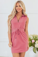 Load image into Gallery viewer, Mineral Red French Terry Zipped Collar Sleeveless Drawstring Waist Mini Dress
